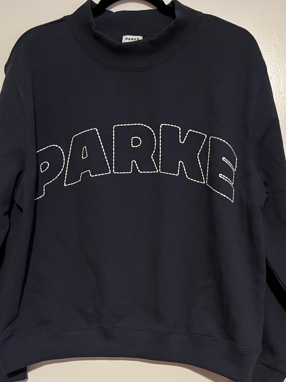 Parker Navy Crewneck Sweatshirt with White Stitched Logo Detail